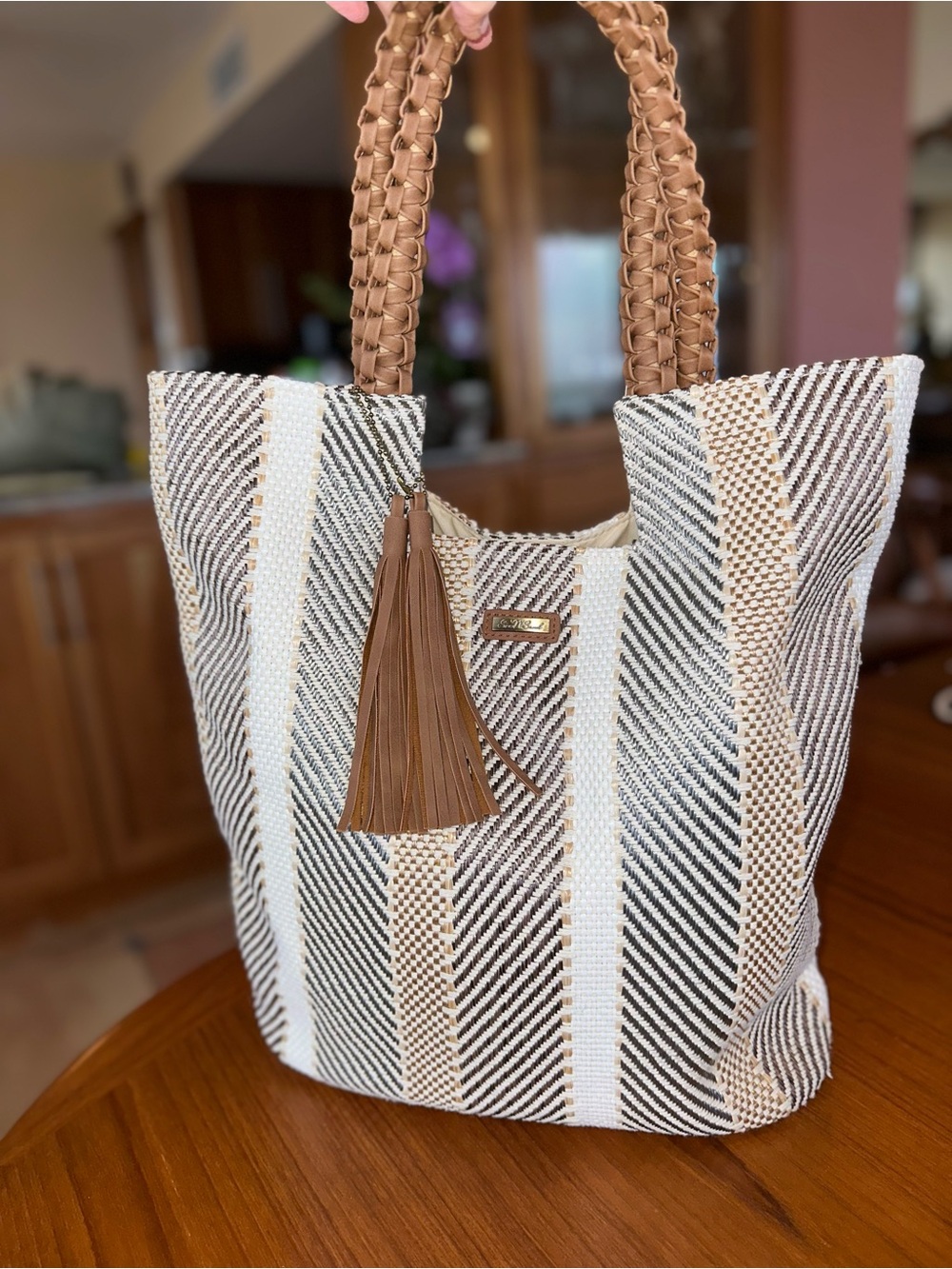 Sun N Sand Woven Stripe Resort Tote | Braided Handles & Tassel | Beach Shopper - Picture 8 of 12